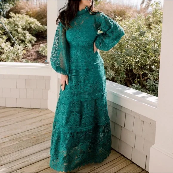 farm rio dark green guipure long sleeve maxi dress FARM Rio Dark Green Guipure Long Sleeve Maxi Dress